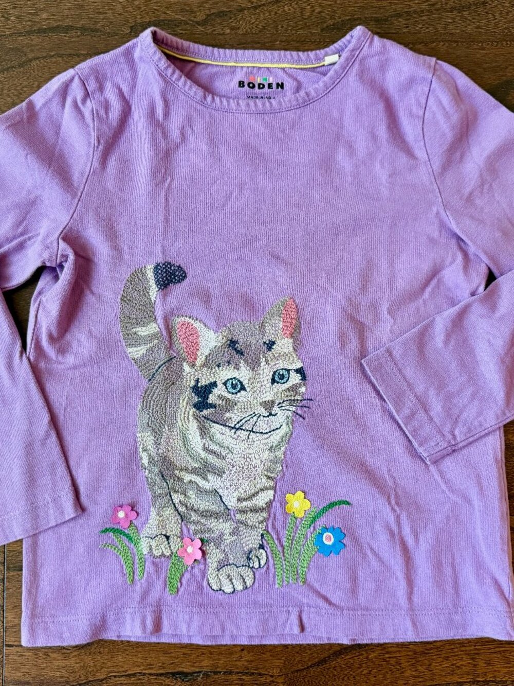 Mini Boden Purple Lilac Long Sleeve Top with Cat Applique Embroidery, Size 6-7